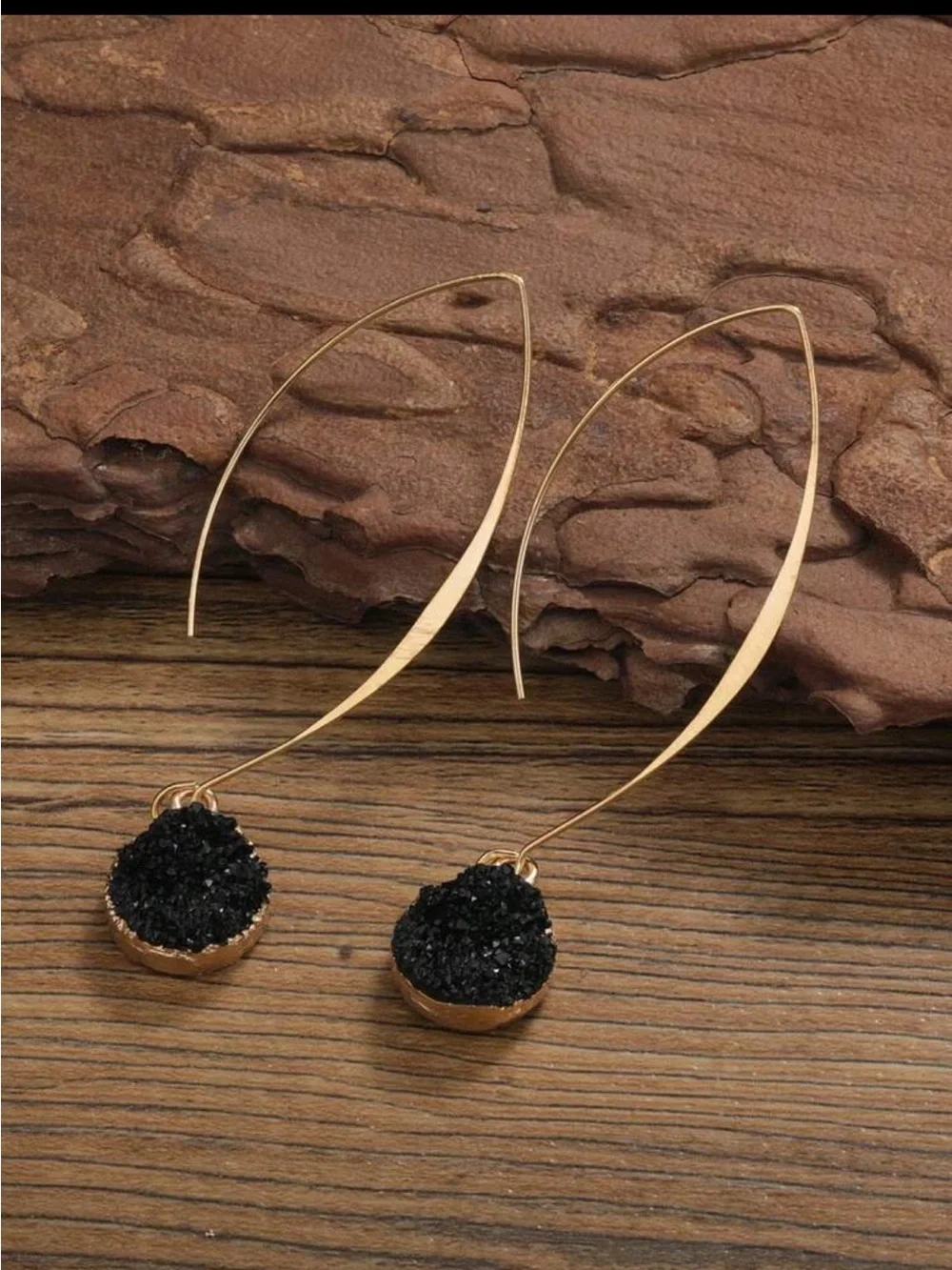 Gold Drop Earrings with Black Druzy Stones - Women Jewelry